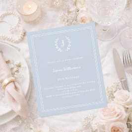 Dusty blue monogram wreath birthday invitation