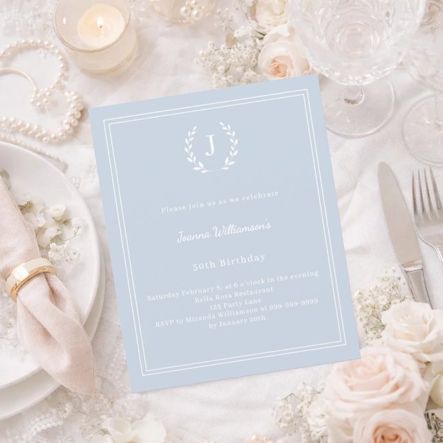 Dusty blue monogram wreath birthday invitation (Skapare uppladdad)