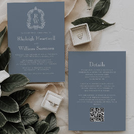 Dusty Blue Monogramm stämpel QR-kod Bröllop Inbjudningar