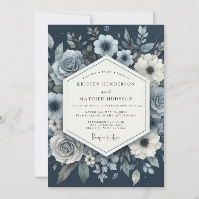 Dusty Blue Moody Bloom Wedding Inbjudningar (Framsida)