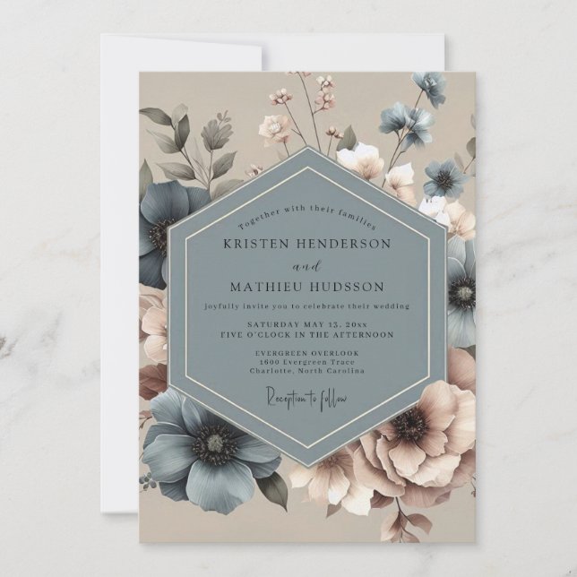 Dusty Blue Moody Floral Wedding Inbjudningar (Framsida)