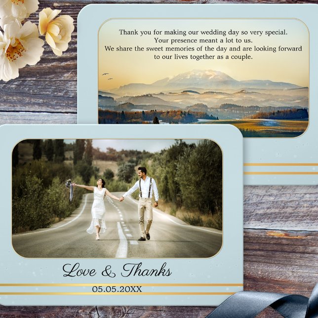 Dusty Blue Mountain Bröllop Photo - tackkort Tack Kort (Wedding Thank You photo card featuring a fine art mountain painting on dusty blue and gold)