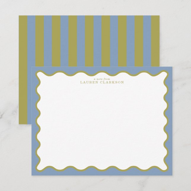 Dusty Blue & Mustard Wavy Border Note Card Inbjudningar (Fram/baksida)