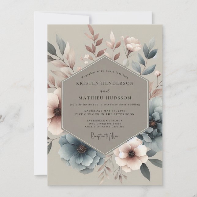 Dusty Blue Muted Bloom Wedding Inbjudningar (Framsida)