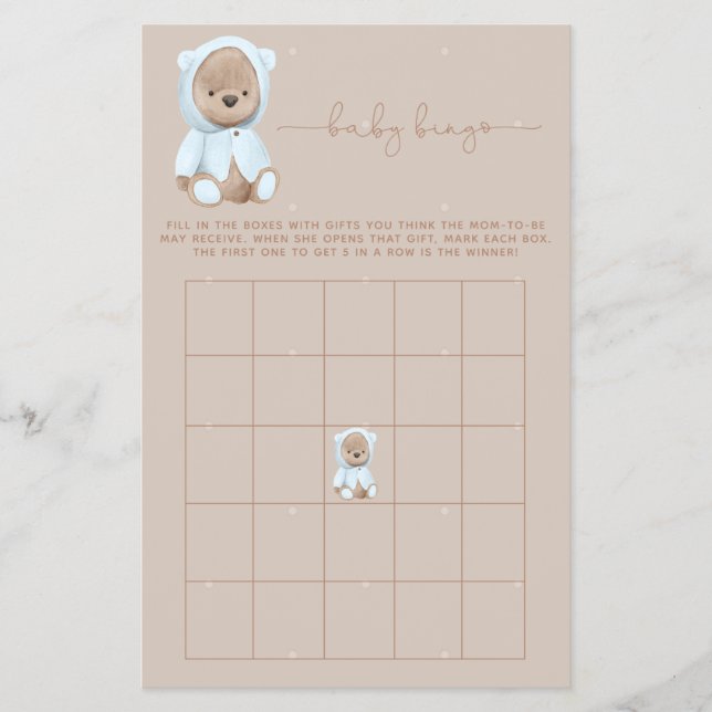 Dusty Blue Nalle Baby Shower Bingo Game Flyer (Framsidan)