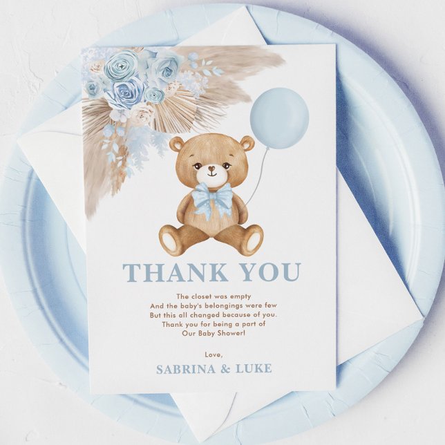 Dusty Blue Nalle Balloon Boy Shower Tack Kort (Skapare uppladdad)