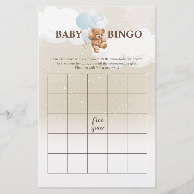 Dusty Blue Nalle BINGO Baby Shower Games Flygblad (Framsidan)