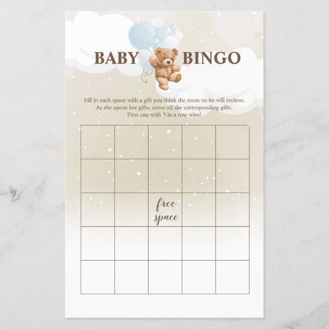 Dusty Blue Nalle BINGO Baby Shower Games Flygblad (Framsidan)
