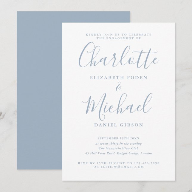 Dusty Blue Namnteckning Förlovningsfest Inbjudningar (Fram/baksida)