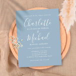 Dusty Blue Namnteckning skript Bröllop Inbjudan Vykort<br><div class="desc">Med namnteckning stil namn kan det här elegant dammiga blåa bröllopsinbjudan vara personlig med dina uppgifter i chic. Designad av Thisisnotme©</div>