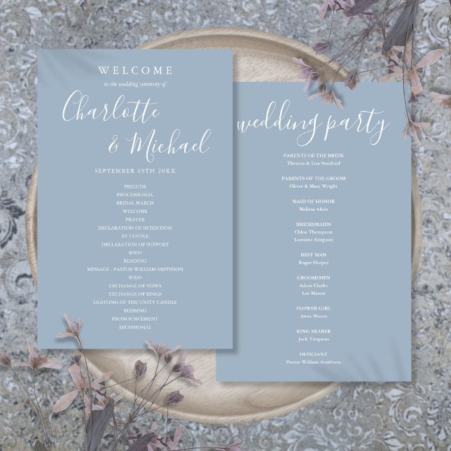Dusty Blue Namnteckning skript, Bröllopsprogram (Dusty Blue Signature Script Wedding Program)