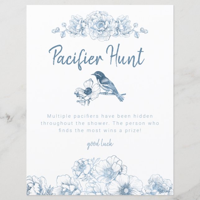Dusty Blue Nappar Hunt Baby Shower Game Sign (Framsida)