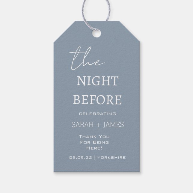 Dusty Blue natten före Bröllop Tack Presentetikett (Framsidan)