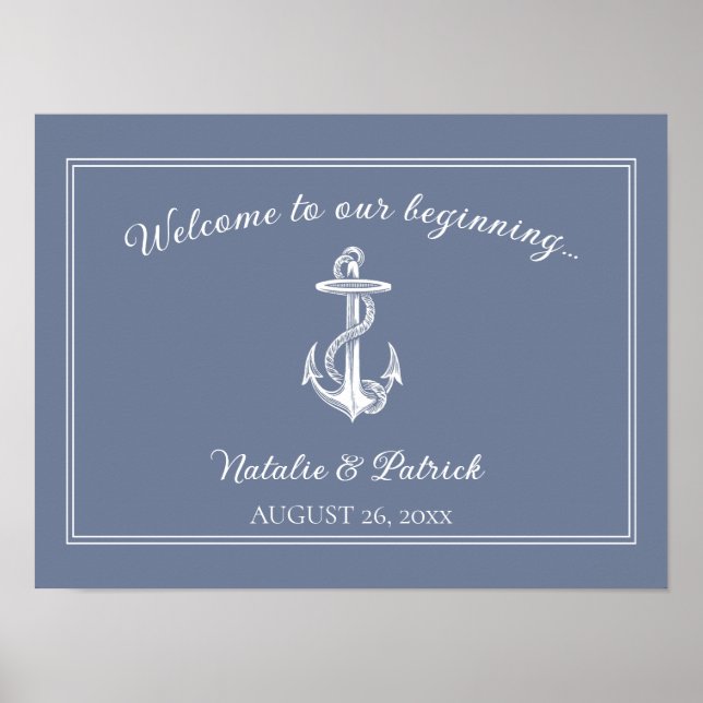 Dusty Blue Nautical Anchor Bröllop Poster (Framsidan)