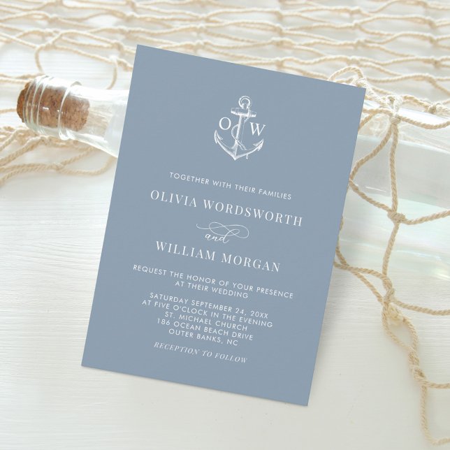 Dusty Blue Nautical Monogram Anchor Bröllop Inbjudningar (Skapare uppladdad)