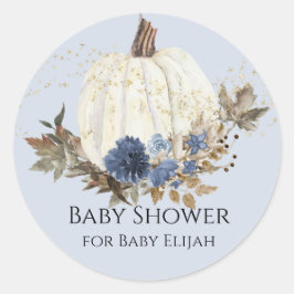 Dusty Blue Navy Blommig Vit Pumpa Baby Shower Runt Klistermärke