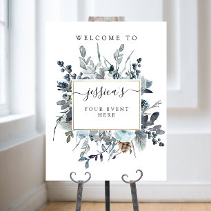 Dusty Blue Navy Blommigt any event Welcome Sign Poster