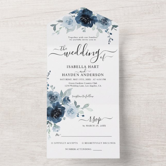 Dusty Blue Navy Blommigt Boho Botanical Bröllop OS (Insida)