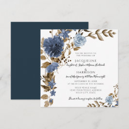 Dusty Blue Navy Blommigt Brown Foliage Bröllop Inbjudningar