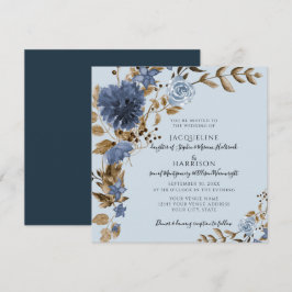 Dusty Blue Navy Blommigt Earth Tone Greenery Bröll Inbjudningar