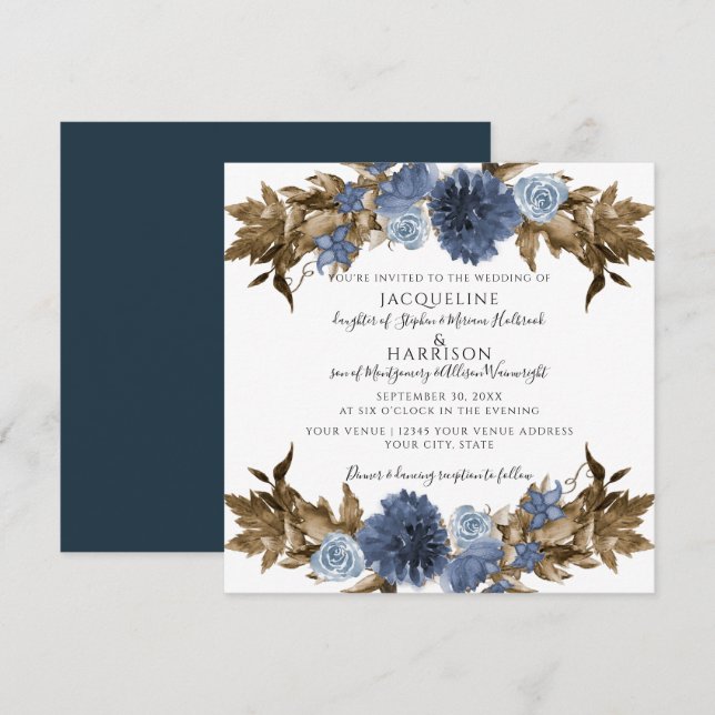Dusty Blue Navy Blommigt Fall Brown Foliage Bröllo Inbjudningar (Fram/baksida)