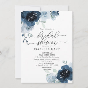 Dusty Blue Navy Blommigt Flowers Boho Möhippa Inbjudningar
