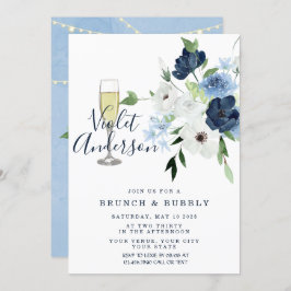 Dusty Blue Navy Blommigt Ljus Brunch & Bubly Inbjudningar