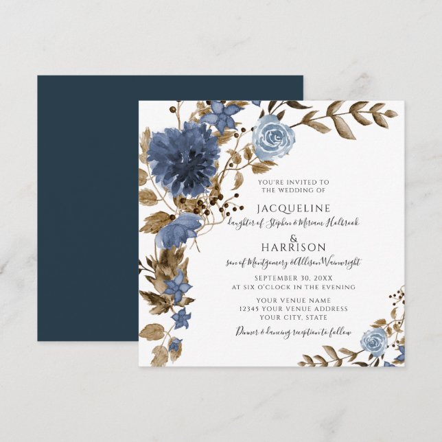 Dusty Blue Navy Blommigt Rustic Foliage Bröllop Inbjudningar (Fram/baksida)