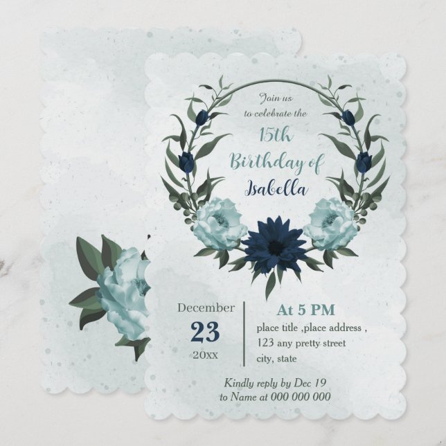 Dusty Blue Navy blommor botanical wandend born Inbjudningar (Fram/baksida)