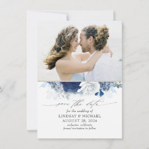Dusty Blue & Navy Blue Blommigt Spara datumfoto Meddelande