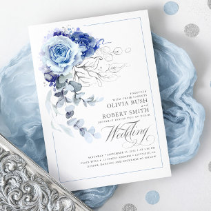 Dusty Blue & Navy Blue Boho Silver Blommigt Bröllo Inbjudningar