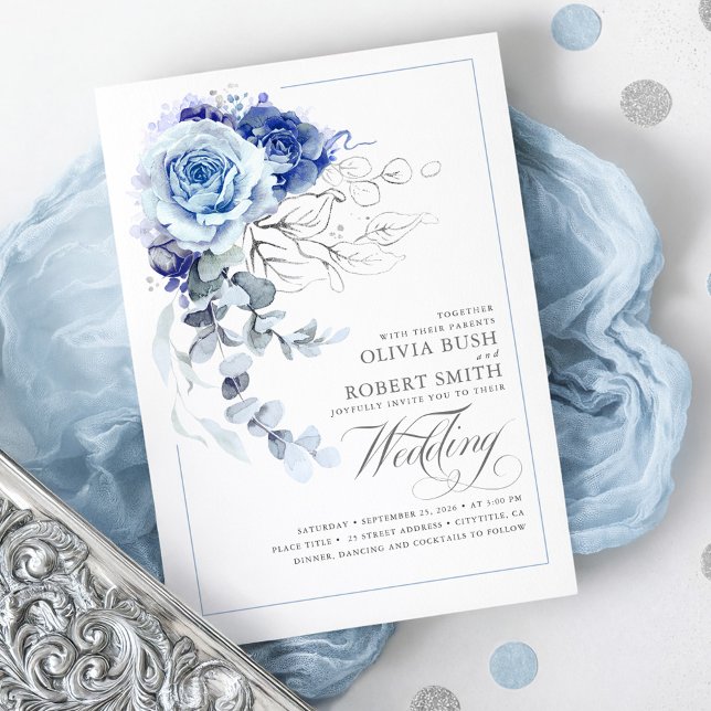 Dusty Blue & Navy Blue Boho Silver Blommigt Bröllo Inbjudningar (Dusty Blue and Silver Botanical Floral Chic Wedding Invitation)
