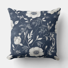 Dusty Blue Navy Blue White Floral Kudde