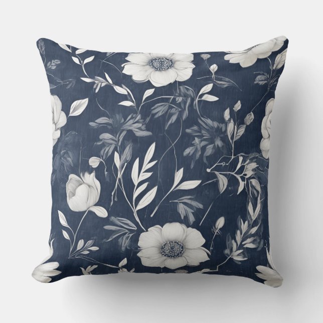 Dusty Blue Navy Blue White Floral Kudde (Framsida)
