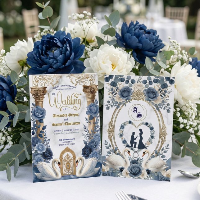 Dusty Blue & Navy Botanical Garden Wedding Inbjudningar (Skapare uppladdad)