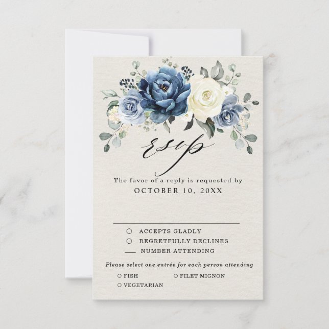 Dusty Blue Navy Champagne Elfenbensvit Blommig Brö OSA Kort (Framsida)
