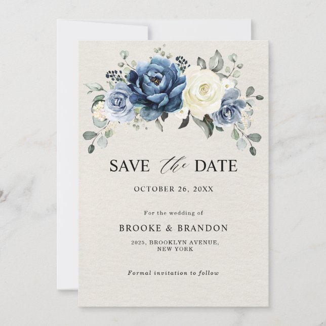 Dusty Blue Navy Champagne Elfenbensvit Blommig Brö Spara Datumet (Framsida)