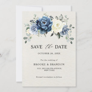 Dusty Blue Navy Champagne Elfenbensvit Blommig Brö Spara Datumet