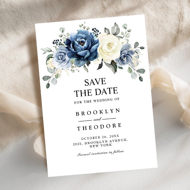 Dusty Blue Navy Champagne Elfenbensvit Blommig Brö Spara Datumet (Dusty Blue Navy Champagne Ivory Floral Wedding Save The Date card)