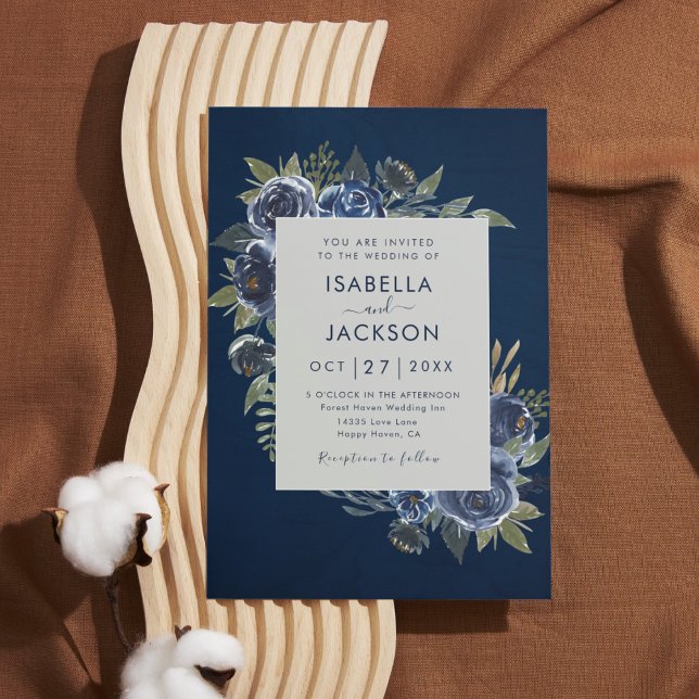 Dusty Blue Navy Champagne Elfenbensvit Bröllop  Inbjudningar (Skapare uppladdad)