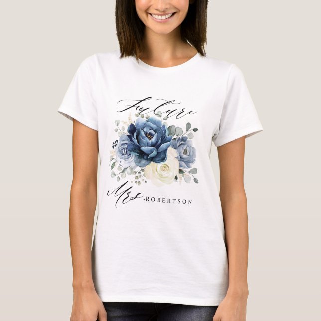 Dusty Blue Navy Champagne Ivory Blommigt Bride T Shirt (Framsida)
