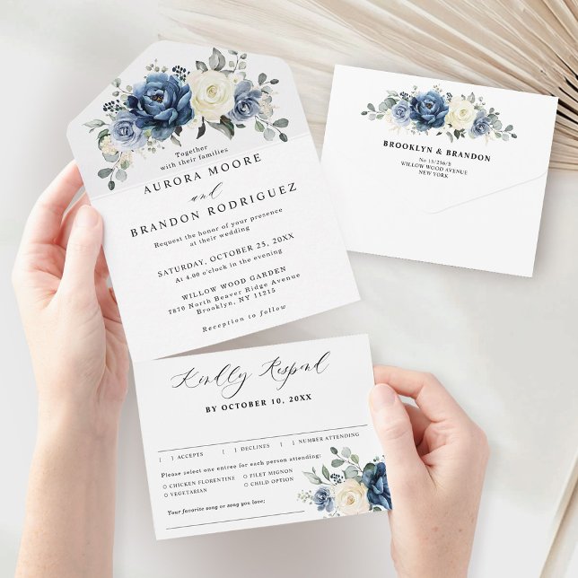 Dusty Blue Navy Champagne Ivory Blommigt Bröllop (Dusty Blue Navy Champagne Ivory Floral Wedding All In One Invitation)