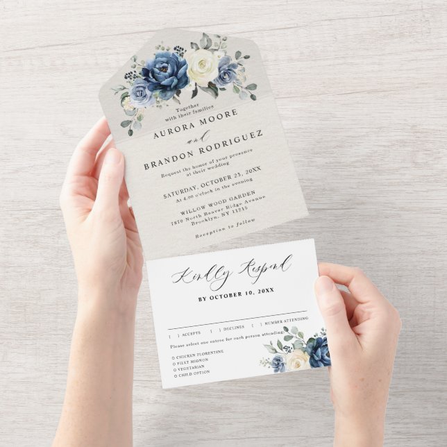 Dusty Blue Navy Champagne Ivory Blommigt Bröllop a (Avrivbar del)