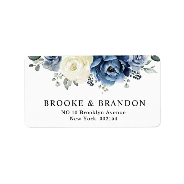 Dusty Blue Navy Champagne Ivory Blommigt Bröllop Adressetikett (Framsidan)