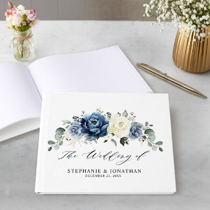Dusty Blue Navy Champagne Ivory Blommigt Bröllop Gästböcker