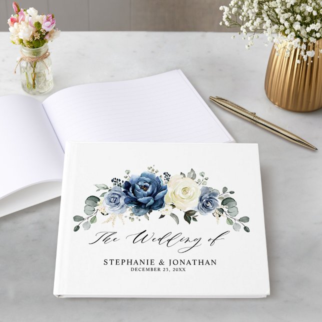 Dusty Blue Navy Champagne Ivory Blommigt Bröllop Gästböcker (Dusty Blue Navy Champagne Ivory Floral Wedding Guest Book)