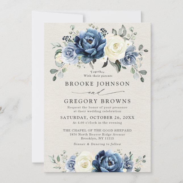 Dusty Blue Navy Champagne Ivory Blommigt Bröllop i Inbjudningar (Framsida)
