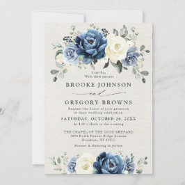 Dusty Blue Navy Champagne Ivory Blommigt Bröllop i Inbjudningar