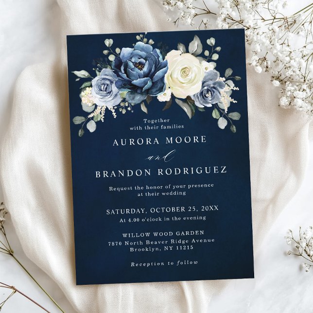 Dusty Blue Navy Champagne Ivory Blommigt Bröllop I Inbjudningar (Dusty Blue Navy Champagne Ivory Floral Wedding Invitation)