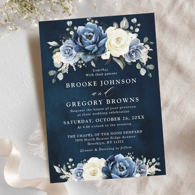 Dusty Blue Navy Champagne Ivory Blommigt Bröllop i Inbjudningar (Dusty Blue Navy Champagne Ivory Floral Wedding In Invitation)